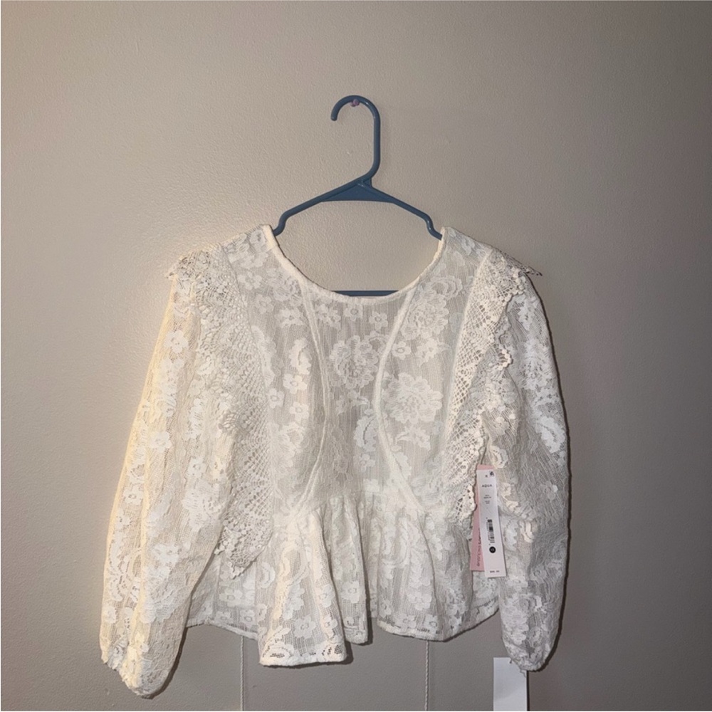 Aqua Ivory Lace V-Neck Peplum Top Size 0 Like New Sheer Sleeve Blouse - Picture 3 of 4